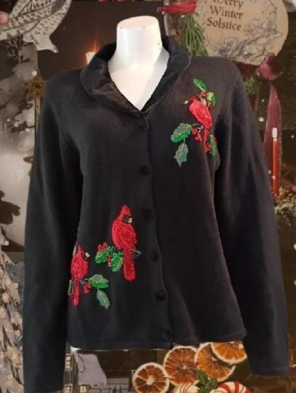 Tiara International VTG Cardigan Sweater Sz M Button Christmas Cardinal